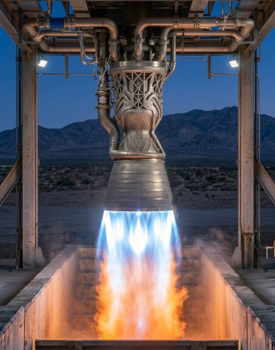 Additively manufactured lattice rocket engine during a hot-fire test