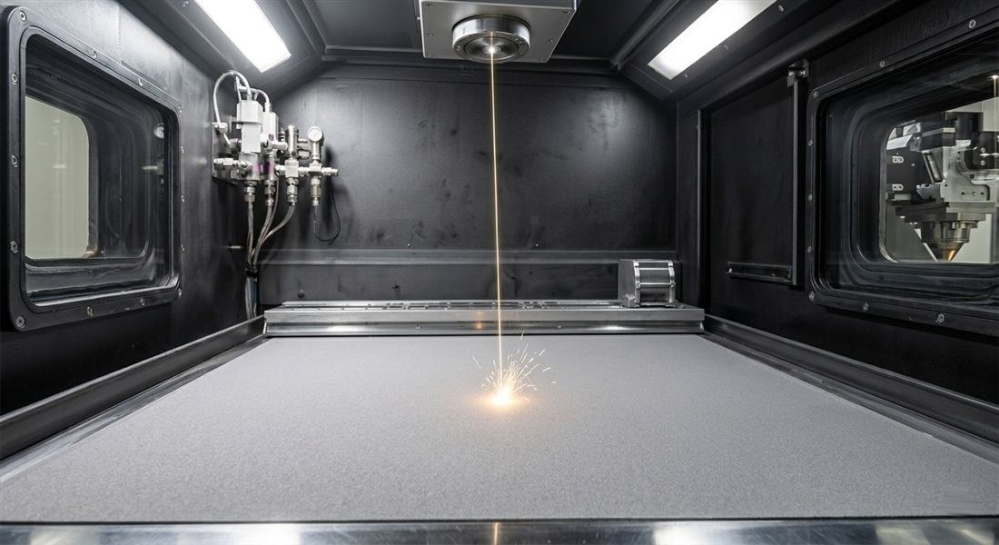 Concept render of a laser melting a powder bed inside a build chamber